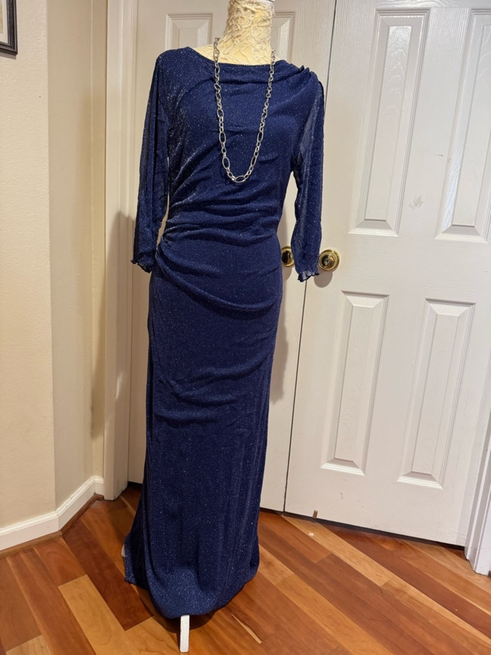 Glamorous Navy Sparkle Long Sleeve Prom Gown